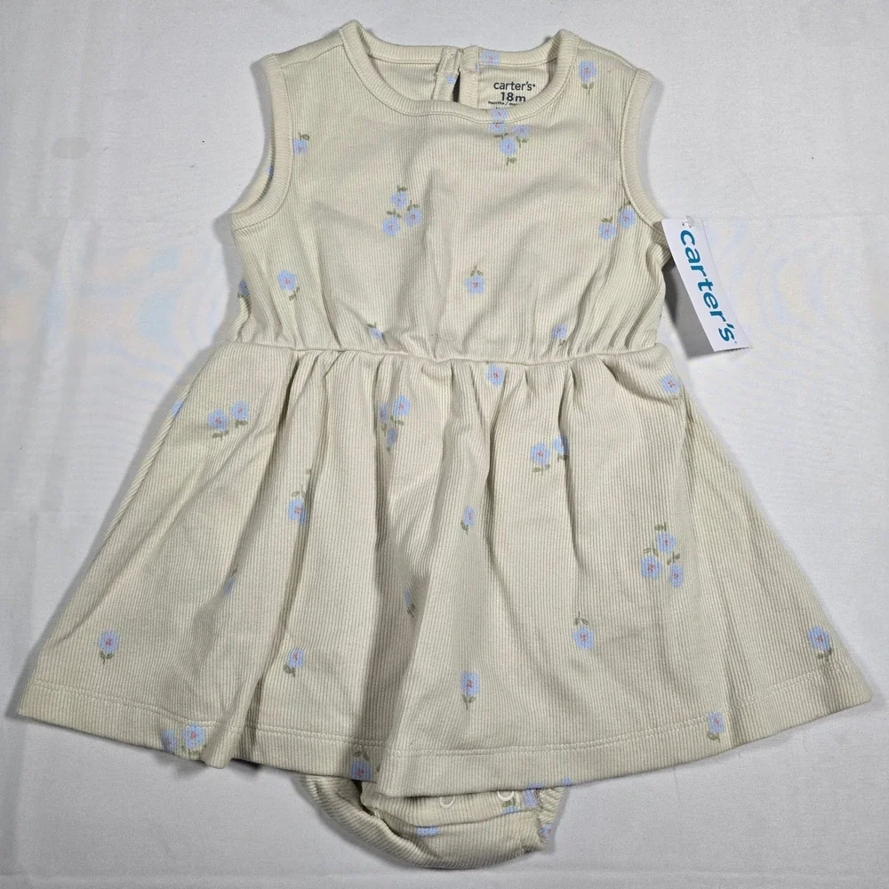 Carters Baby Girls 18M Floral Ribbed outfit‎ Dress Sleeveless Cream Blue new